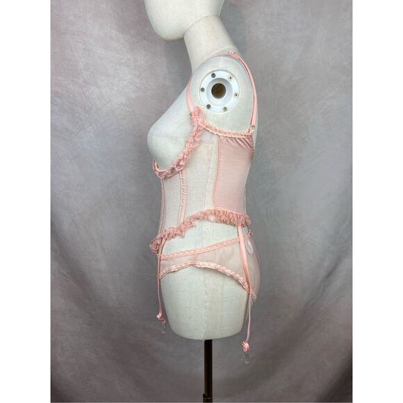 Vintage Under Bust Corset Lingerie Set 4pc Sheer Pink Ruffle Robe 90s RARE XS S - Picture 3 of 10
